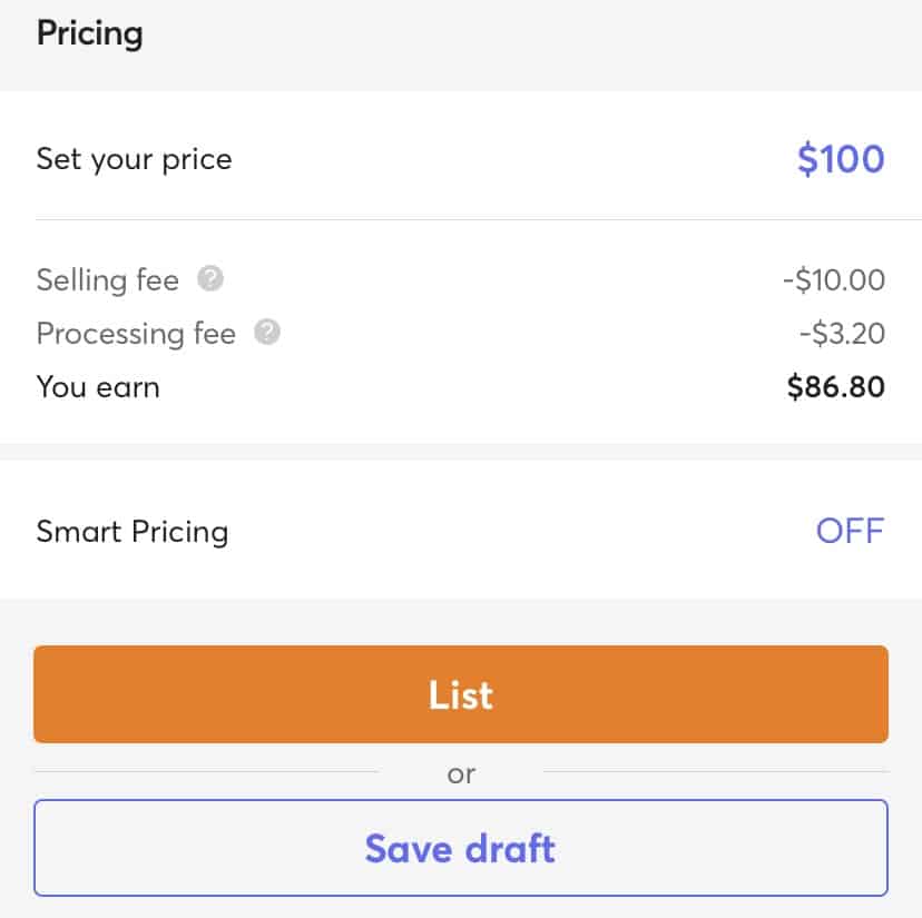 mercari fees example screenshot