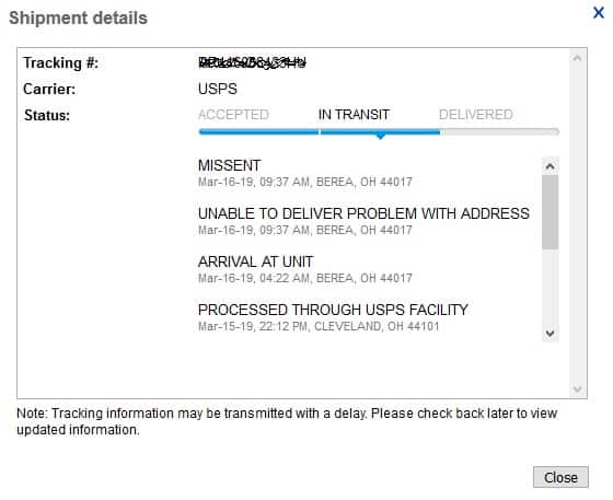 USPS tracking showing package missent