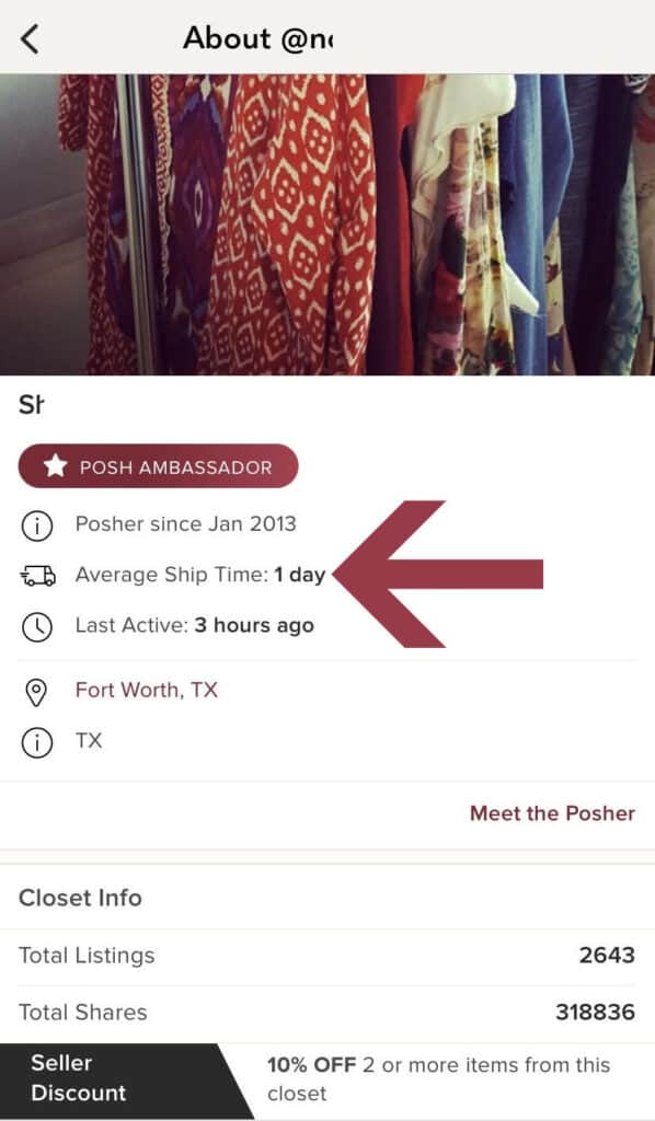 screenshot of how long it takes a Poshmark seller to ship