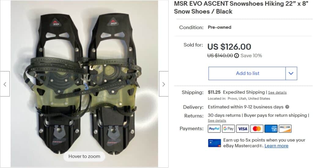 snowshoes sold on eBay