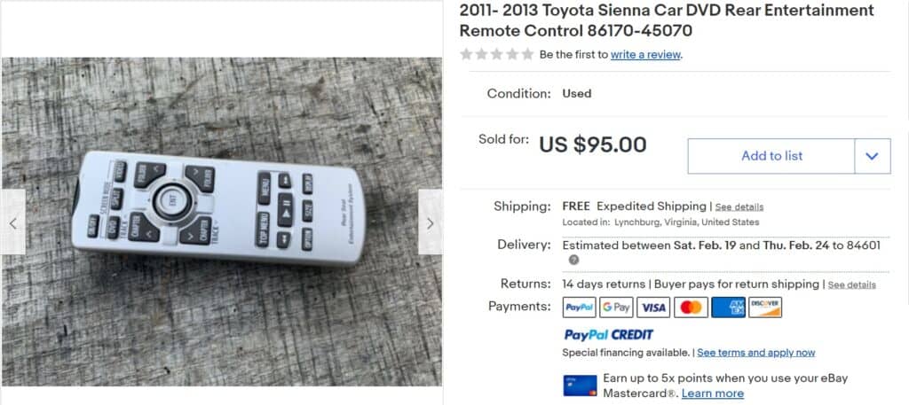 Sienna car dvd remote sold on eBay